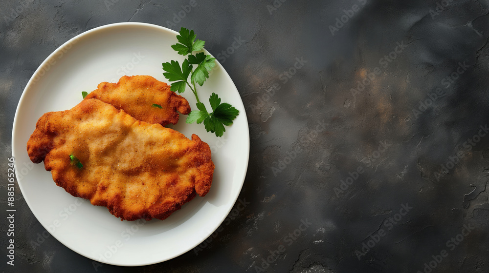 Two pieces of breaded and fried meat garnished with parsley on a white plate, placed on a dark textured background. Two pieces of breaded and fried meat garnished with parsley on a white plate, placed on a dark textured background.