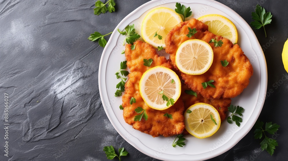 Plate of breaded and fried meat cutlets with lemon slices and parsley garnish on a dark textured surface. Plate of breaded and fried meat cutlets with lemon slices and parsley garnish on a dark textured surface.