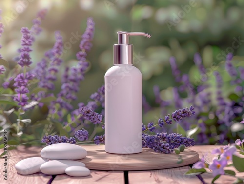 A mockup of an all white lotion bottle with a silv  031 spa, beauty, bottle, flower, bath, aromatherapy, pink, oil, care, cosmetics, perfume, aroma, massage, soap, relaxation, flowers, health, bathroo photo