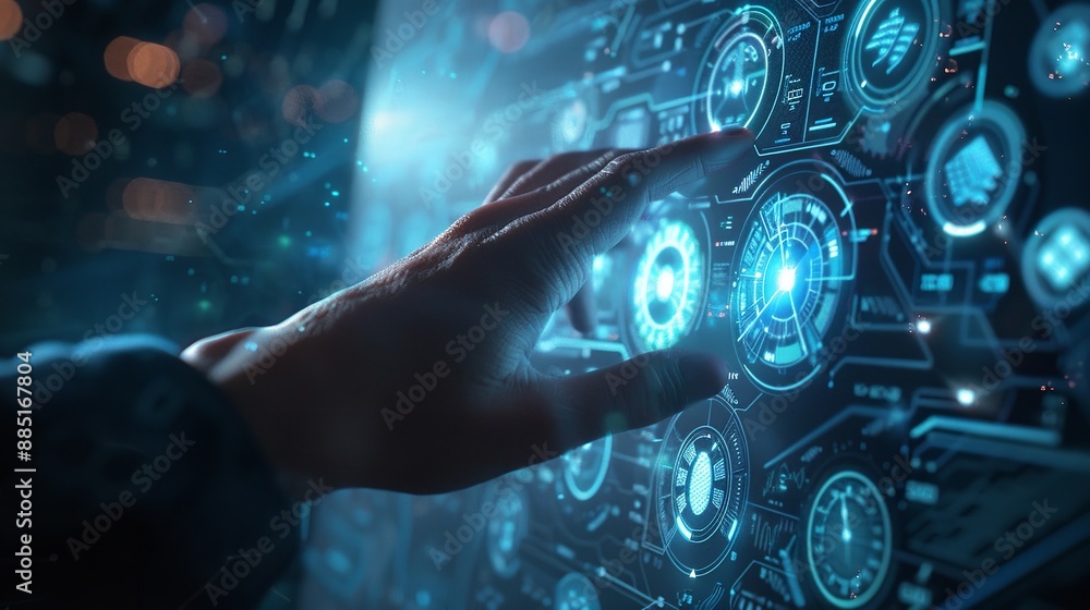 Hand interacting with a holographic interface displaying cybersecurity icons Hand interacting with a holographic interface displaying cybersecurity icons
