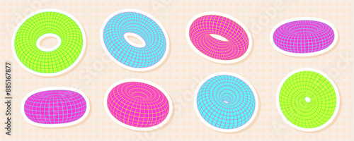 Set of neon 3D torus shapes with grid and wireframe mesh patterns. Abstract and futuristic y2k donut sticker style, with vibrant and psychedelic cyberpunk elements.