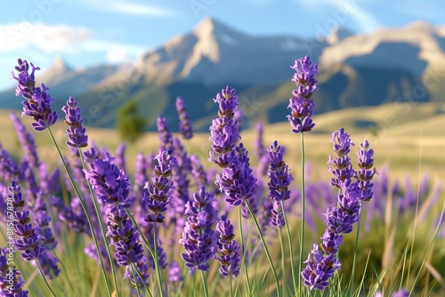 A cluster of purple lavender flowers swaying gently in a breeze, with a picturesque mountain range in the distance