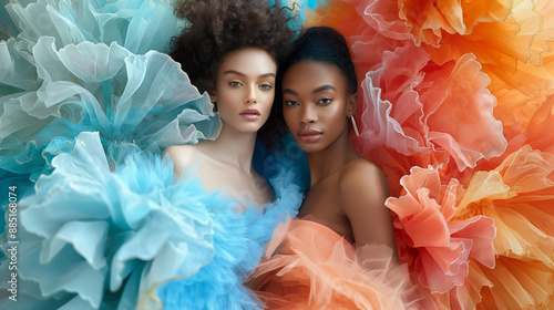 An unusual portrait of two beautiful female models posing in extraordinary dresses made of colorful scarves and shawls in various colors, with high glamour and shine