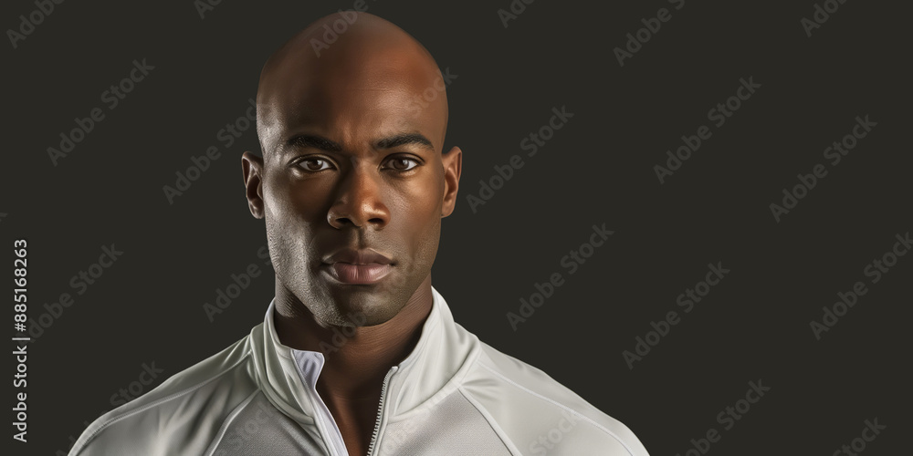 In the image, a bald man in a white jacket exudes confidence and strength with a powerful gaze against a dark background, showing determination In the image, a bald man in a white jacket exudes confidence and strength with a powerful gaze against a dark background, showing determination