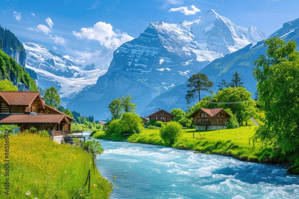 Fototapeta premium Majestic Mountain Landscape with River and Houses
