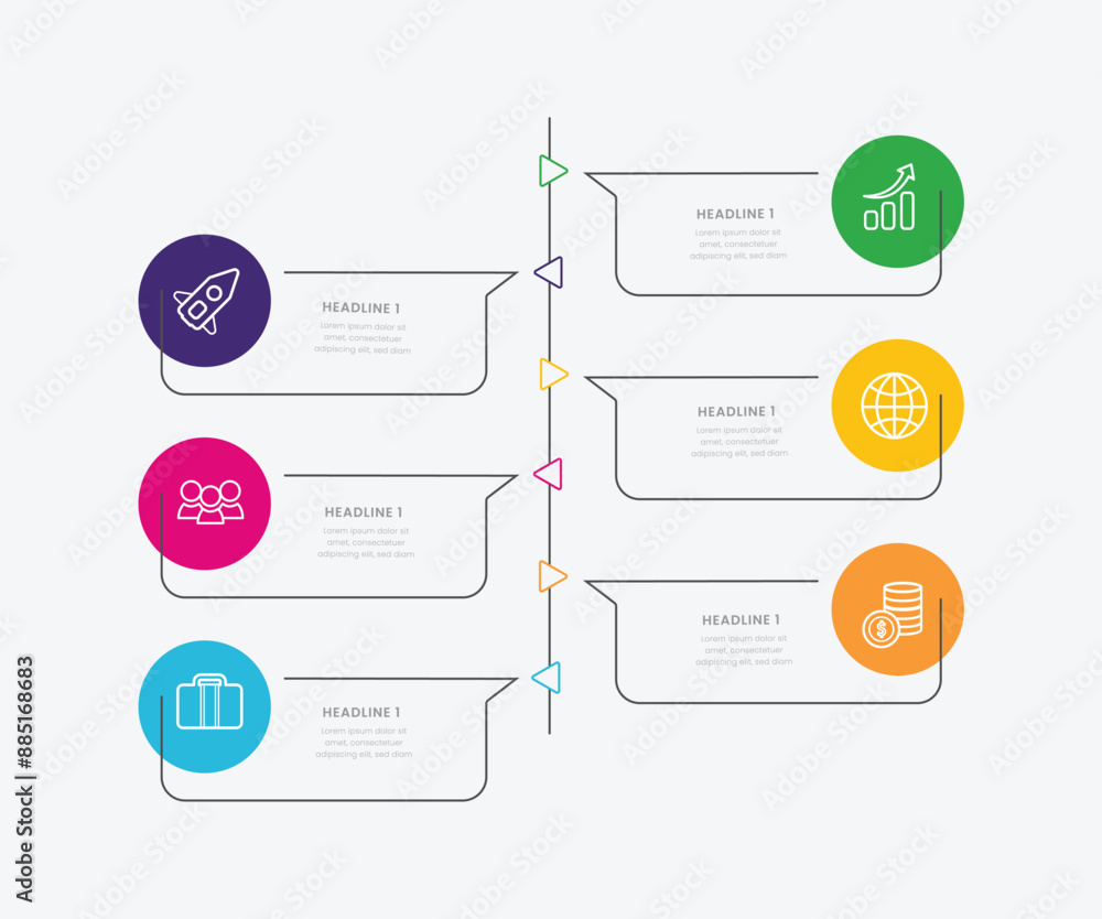Vector infographic template with six steps or options. Illustration presentation with line elements icons. Business concept design can be used for web, brochure, diagram Vector infographic template with six steps or options. Illustration presentation with line elements icons. Business concept design can be used for web, brochure, diagram