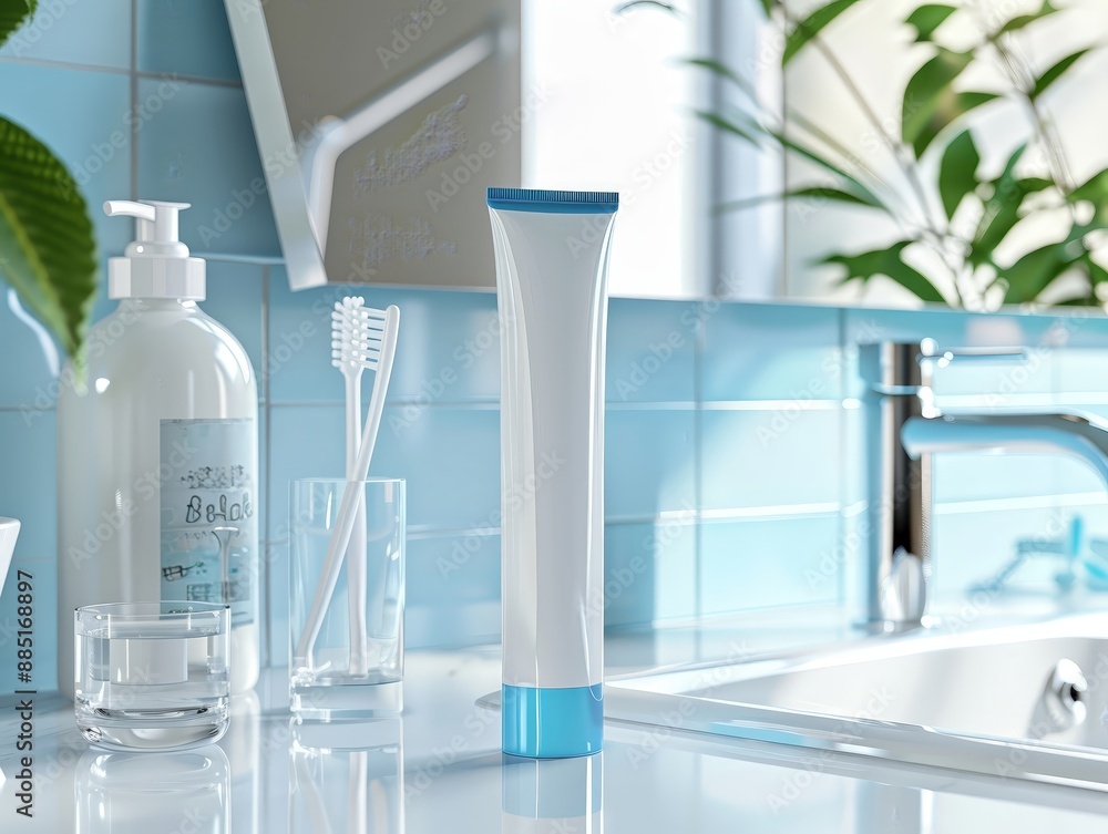 A mockup of an all white toothpaste tube with a bl 003 glass, water, chemistry, laboratory, medicine, science, liquid, chemical, kitchen, bathroom, research, drink, interior, test, home, scientific, A mockup of an all white toothpaste tube with a bl 003 glass, water, chemistry, laboratory, medicine, science, liquid, chemical, kitchen, bathroom, research, drink, interior, test, home, scientific,