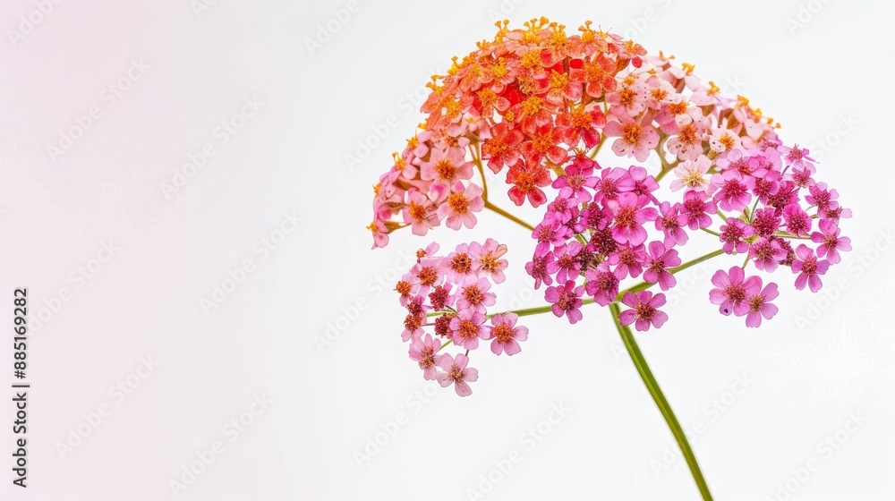 Fototapeta premium Yarrow flower achillea millefolium blooming with a colorful gradient from pink to orange on a white background