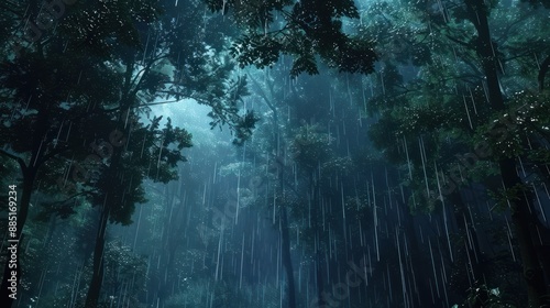 rainy forest canopy at night with each raindrop. nature background with night in the forest. seamless looping overlay 4k virtual video animation background. photo