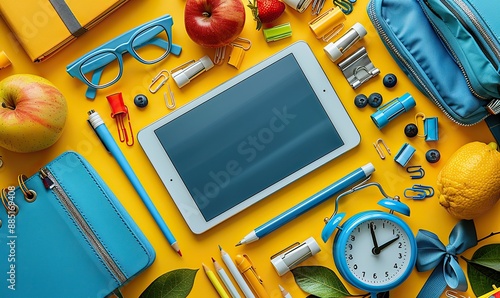 distance learning e learning online lesson concept flat lay tablet mockup,blank screen,colorful school supplies on yellow background top view copy space
