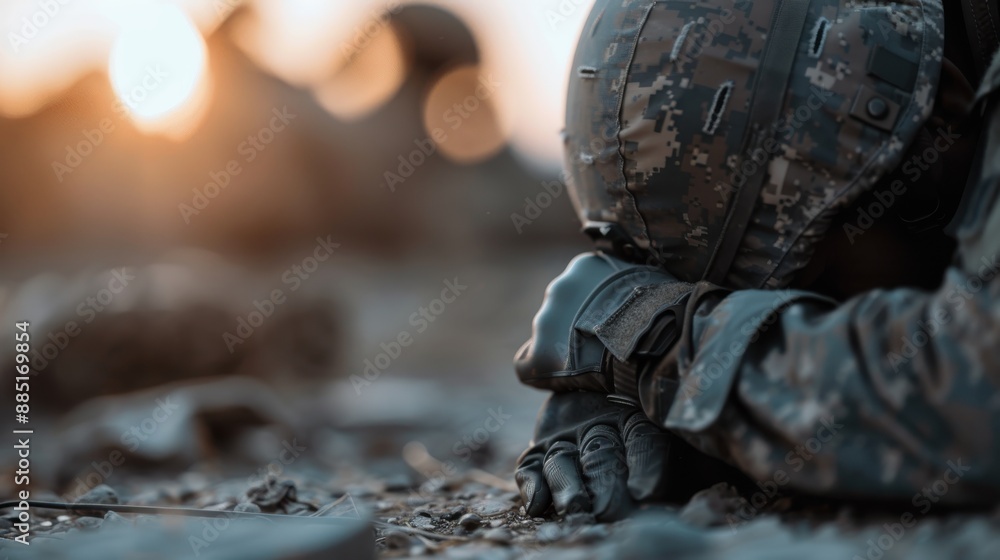 A soldier in camouflage uniform kneels on the ground with head bowed at dusk, creating a poignant scene of contemplation and resilience in the battlefield environment. A soldier in camouflage uniform kneels on the ground with head bowed at dusk, creating a poignant scene of contemplation and resilience in the battlefield environment.