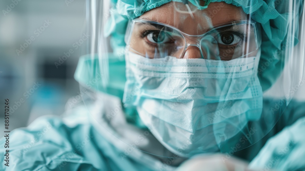A healthcare worker wearing full protective gear, including gloves, suit, and face shield, focusing on a critical task, highlighting safety and precision in a medical setting. A healthcare worker wearing full protective gear, including gloves, suit, and face shield, focusing on a critical task, highlighting safety and precision in a medical setting.