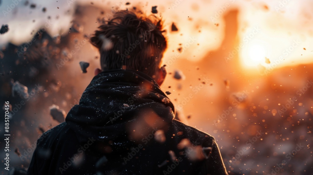 A person standing with their back towards the camera, facing a dramatic scene of destruction and debris, symbolizing resilience and the human spirit's capacity to overcome. A person standing with their back towards the camera, facing a dramatic scene of destruction and debris, symbolizing resilience and the human spirit's capacity to overcome.