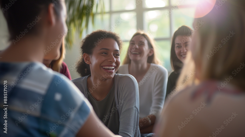 Obraz premium Happy young woman laughing and smiling with friends in a group therapy meeting setting in a support circle or possibly students in a study group workshop 