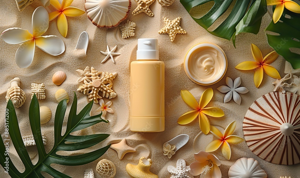 baby sun protection cream,summer accessories on beige table flat lay top view baby sun protection cream,summer accessories on beige table flat lay top view