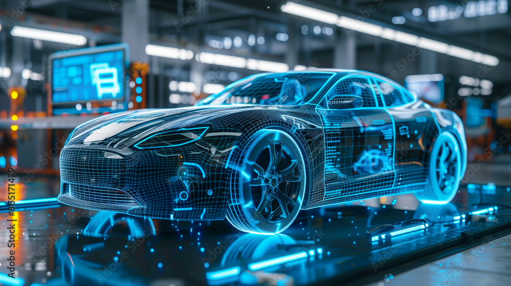 Fototapeta premium Car model design with holographic digital, engineer develop innovative modern electric.