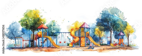 Cheerful playground scene with swings, slides, and happy children, suitable for kids projects, isolated on white background, with room for copy space