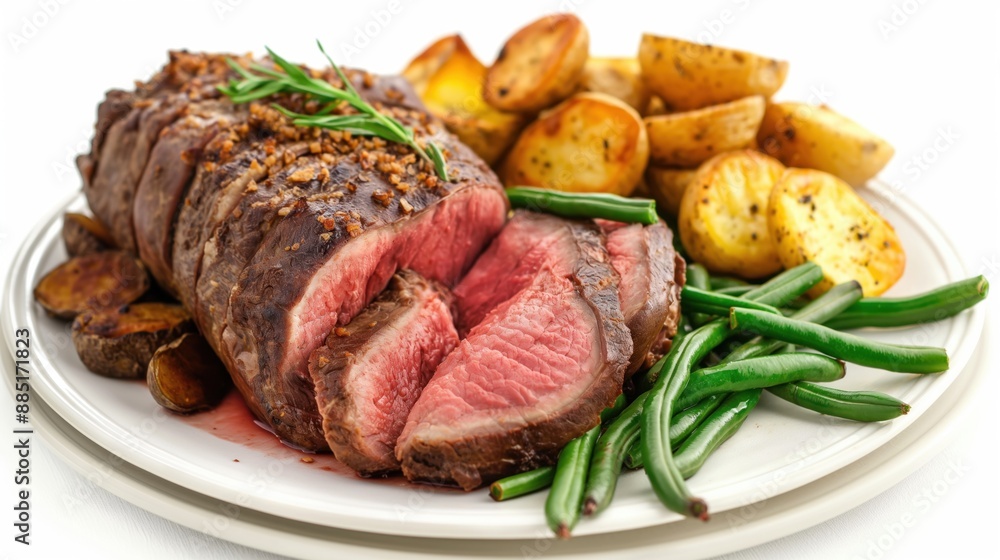 Plate of roast beef served medium-rare with roasted potatoes and green beans Plate of roast beef served medium-rare with roasted potatoes and green beans