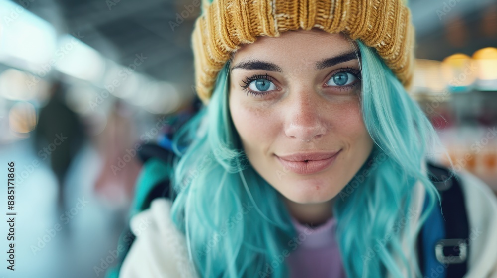 A young woman with vibrant blue hair and wearing a yellow beanie smiles softly, set against a blurred background, emanating warmth and style in modern fashion. A young woman with vibrant blue hair and wearing a yellow beanie smiles softly, set against a blurred background, emanating warmth and style in modern fashion.