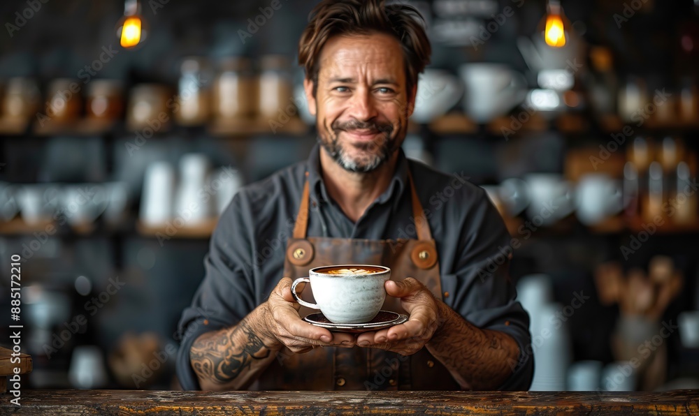 man in apron holding white cup mockup against dark background barista,cup of coffee man in apron holding white cup mockup against dark background barista,cup of coffee