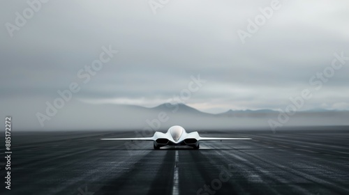 A sleek futuristic vehicle sits on a wide runway with a misty mountainous backdrop, representing advanced technology and innovation in transportation design and engineering. photo