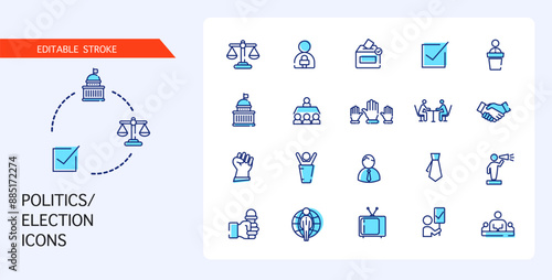 Politics. Political activity. Elections. Editable linear icons. A vector image. Political icons.