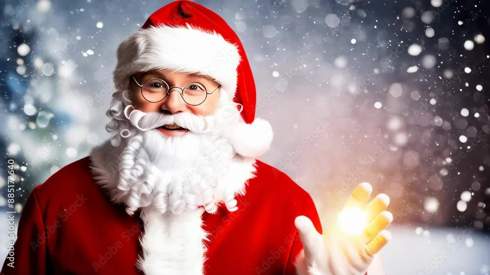 Santa Claus with a white beard and glasses, wearing a traditional red suit, smiles and holding a glowing golden lights against snowy bokeh lights. Copy space template Christmas backdrop Santa Claus with a white beard and glasses, wearing a traditional red suit, smiles and holding a glowing golden lights against snowy bokeh lights. Copy space template Christmas backdrop