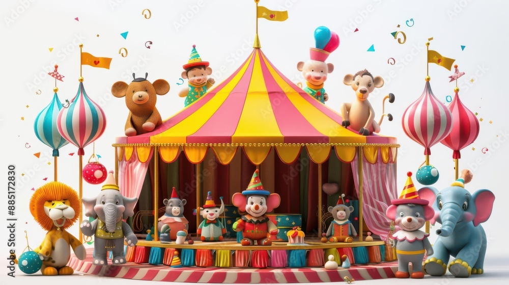 Playful circus scene with clowns, animals, and a big tent, ideal for childrens events, isolated on white background, with plenty of copy space Playful circus scene with clowns, animals, and a big tent, ideal for childrens events, isolated on white background, with plenty of copy space