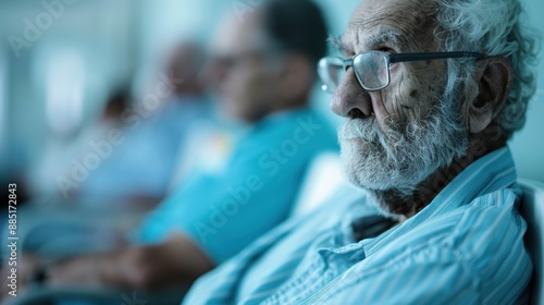 An elderly man sits in a waiting room full of other seniors, wearing a blue shirt and eyeglasses, capturing a moment of patience, anticipation, and community amongst the elders.