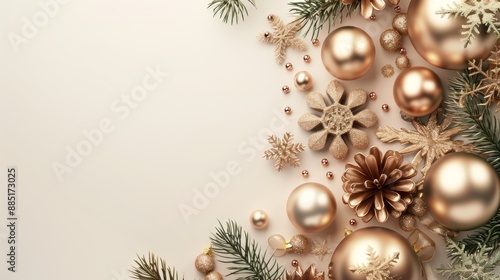 Merry Christmas and New Year. Christmas design. Fir branches, shiny gold balls, confetti and baubles. Christmas background. Festive composition