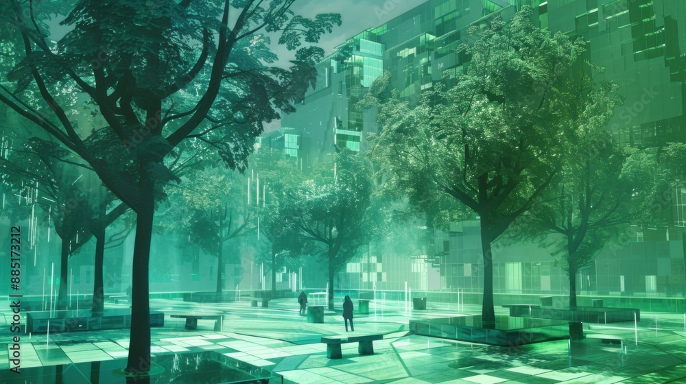 Fototapeta premium Ethereal Oasis - Tranquil Park with Holographic Trees and Benches in Futuristic Digital Painting with Soft Green and Blue Hues