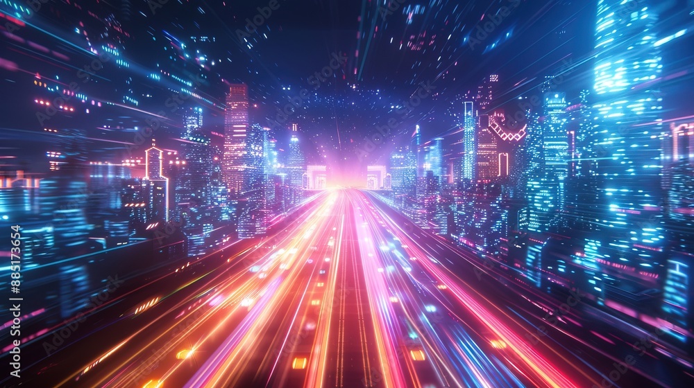 Speed light trails path through smart modern mega city and skyscrapers town with neon futuristic technology background Speed light trails path through smart modern mega city and skyscrapers town with neon futuristic technology background