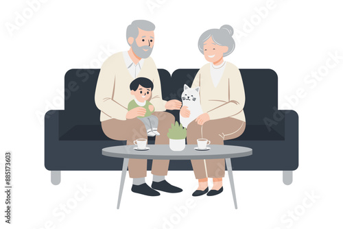 Happy Senior Couple with Grandchild and Cat at Home