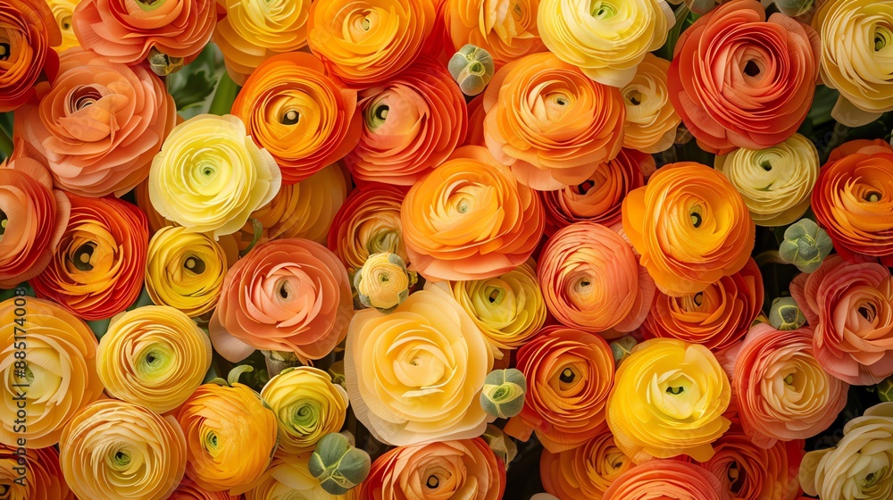 Close-up of Vibrant Yellow and Orange Ranunculus Flowers. Close-up of Vibrant Yellow and Orange Ranunculus Flowers.