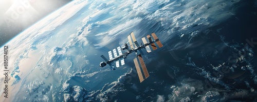 A satellite hovering above the earth's surface with a beam of light from the side