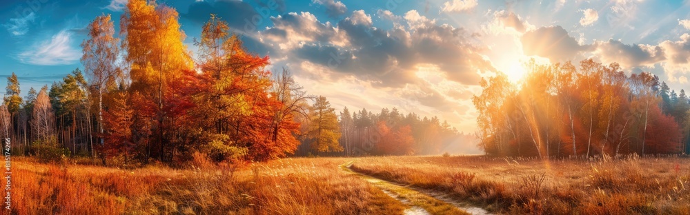 Golden Autumn Forest Path at Sunset Golden Autumn Forest Path at Sunset