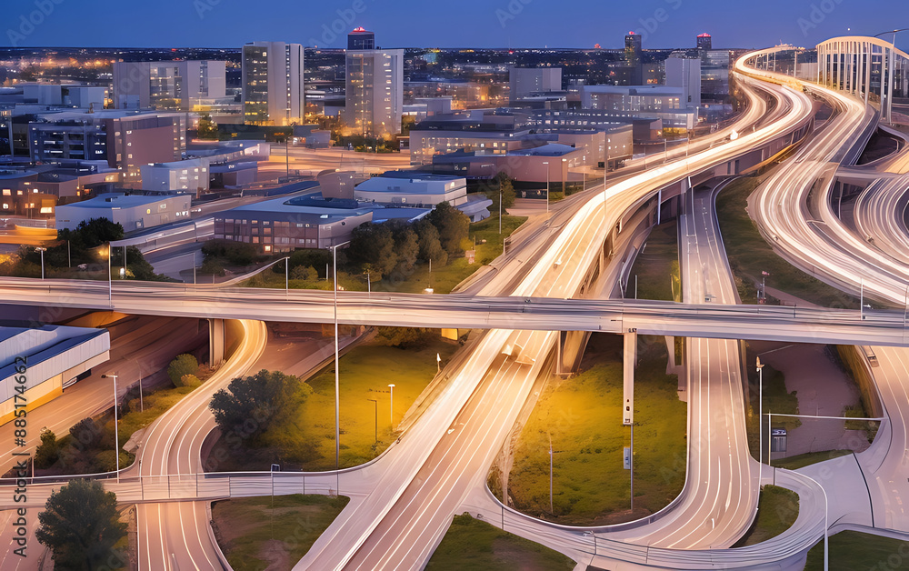Fototapeta premium Vehicles' light trails streak across the Aokema overpass.