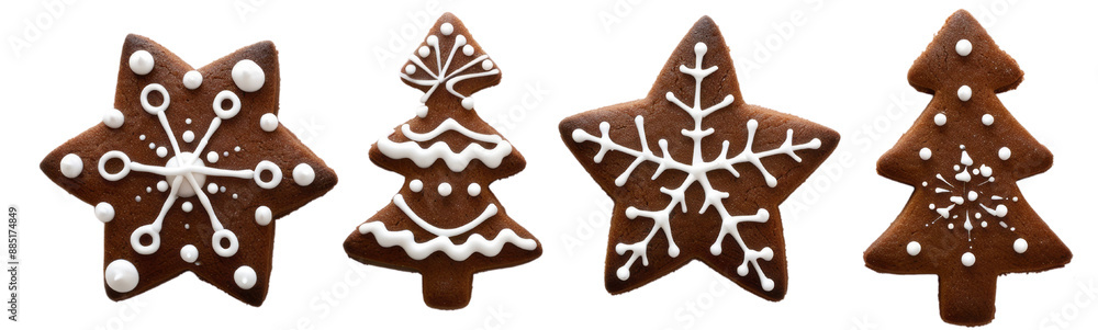 gingerbread cookies shaped as stars, trees, and snowflakes with cute designs, isolated on transparent background. gingerbread cookies shaped as stars, trees, and snowflakes with cute designs, isolated on transparent background.
