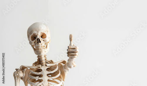 A skeleton giving a thumbs up gesture, isolated on a white background.