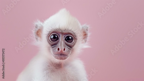 Adorable baby monkey with big eyes looking at the camera.