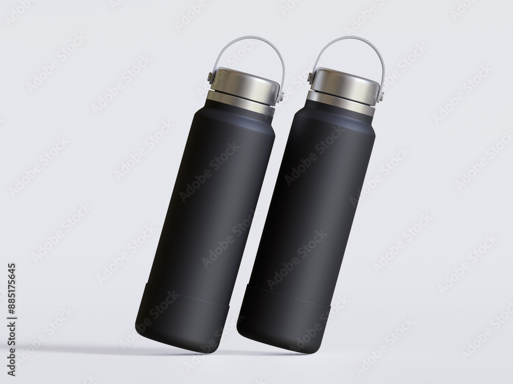 Black reusable water bottle realistic render on gray background Black reusable water bottle realistic render on gray background