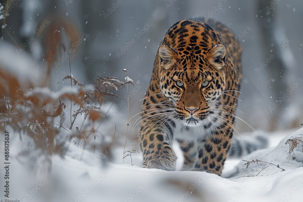 An Amur leopard stealthily moving through a snowy forest, its spotted coat providing perfect camouflage An Amur leopard stealthily moving through a snowy forest, its spotted coat providing perfect camouflage