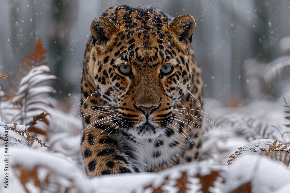 An Amur leopard stealthily moving through a snowy forest, its spotted coat providing perfect camouflage An Amur leopard stealthily moving through a snowy forest, its spotted coat providing perfect camouflage