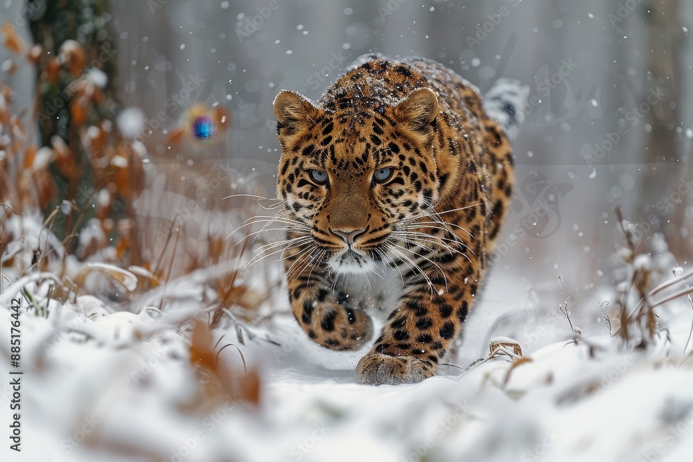 An Amur leopard stealthily moving through a snowy forest, its spotted coat providing perfect camouflage An Amur leopard stealthily moving through a snowy forest, its spotted coat providing perfect camouflage