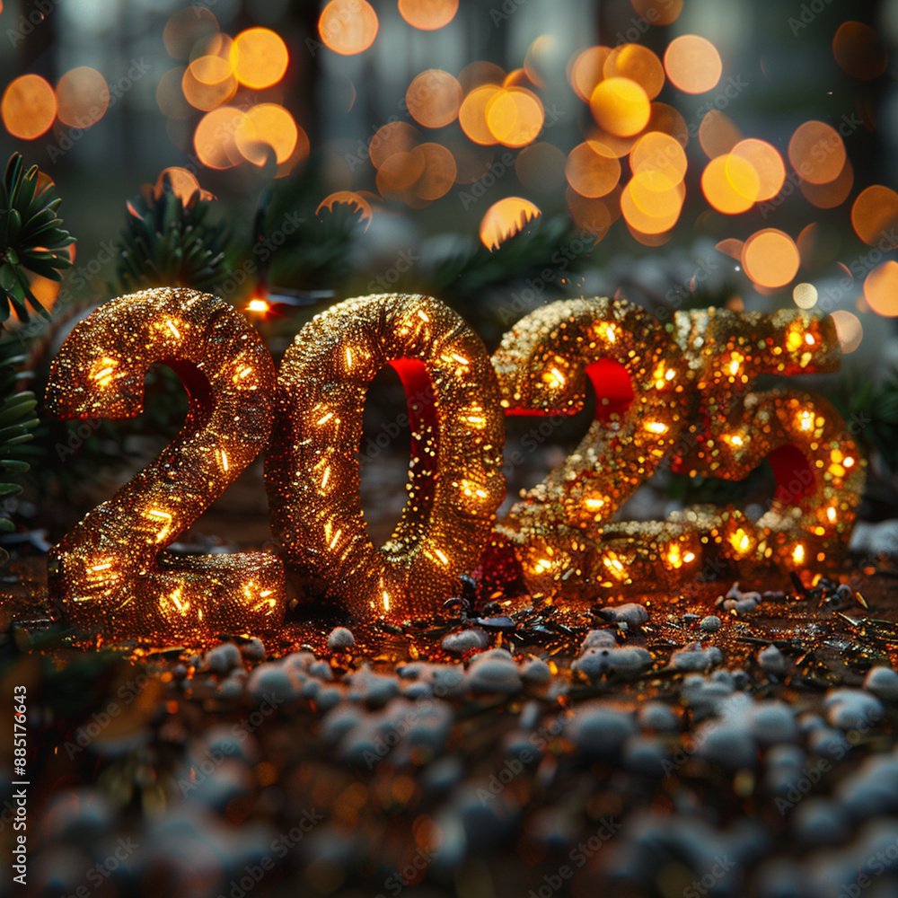 Red number 2025 on blurred golden bokeh festive Christmas background Red number 2025 on blurred golden bokeh festive Christmas background