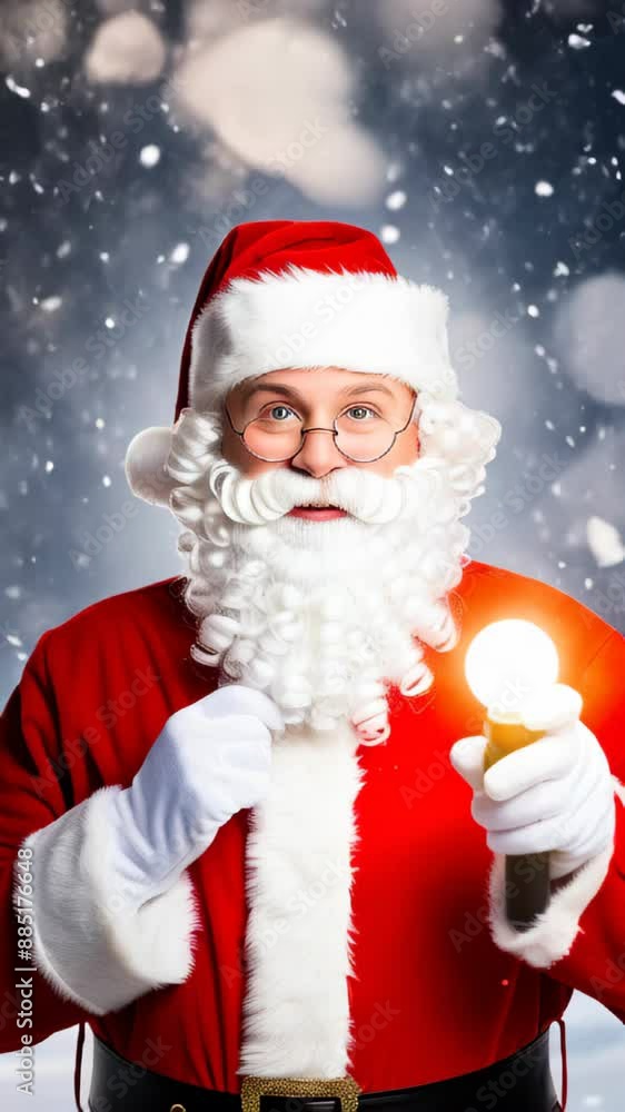 Santa Claus with a white beard and glasses, wearing a traditional red suit, smiles and holding a glowing golden lights against snowy bokeh lights. Copy space template Christmas backdrop Santa Claus with a white beard and glasses, wearing a traditional red suit, smiles and holding a glowing golden lights against snowy bokeh lights. Copy space template Christmas backdrop