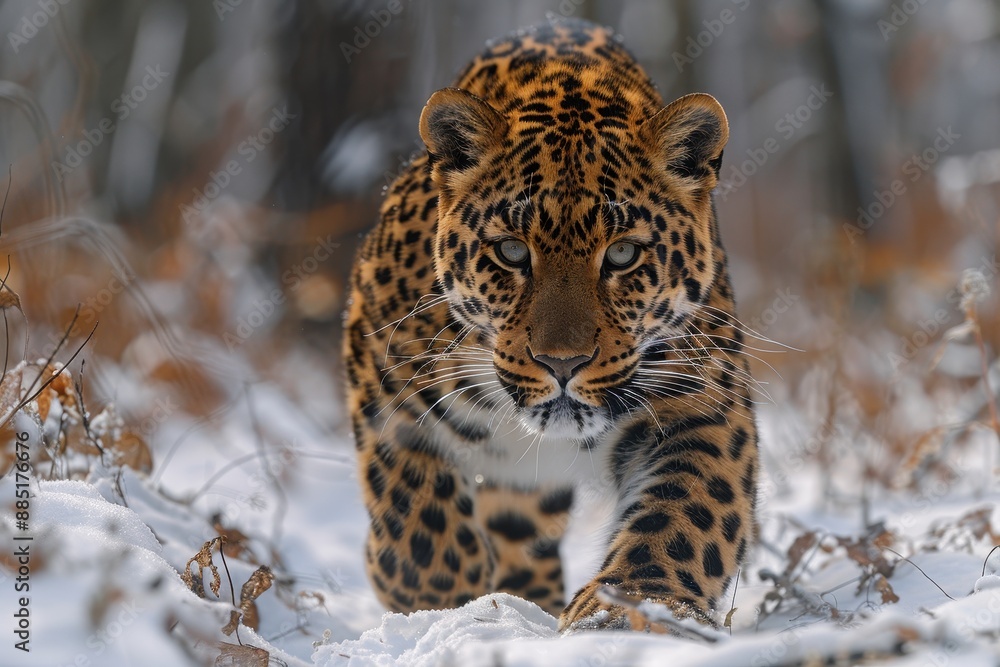 An Amur leopard stealthily moving through a snowy forest, its spotted coat providing perfect camouflage An Amur leopard stealthily moving through a snowy forest, its spotted coat providing perfect camouflage