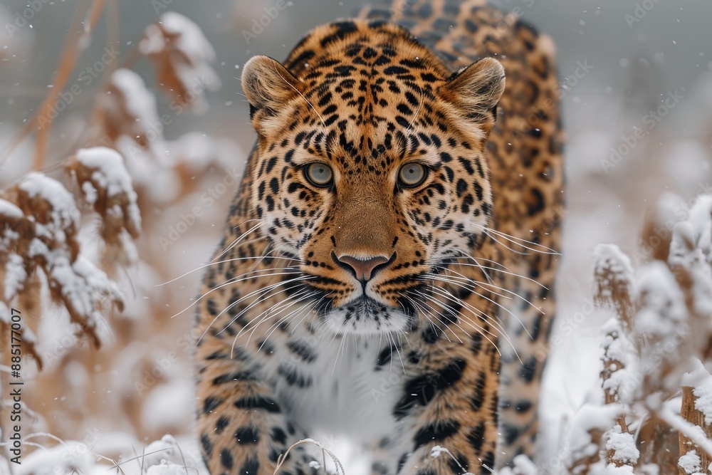 An Amur leopard stealthily moving through a snowy forest, its spotted coat providing perfect camouflage An Amur leopard stealthily moving through a snowy forest, its spotted coat providing perfect camouflage