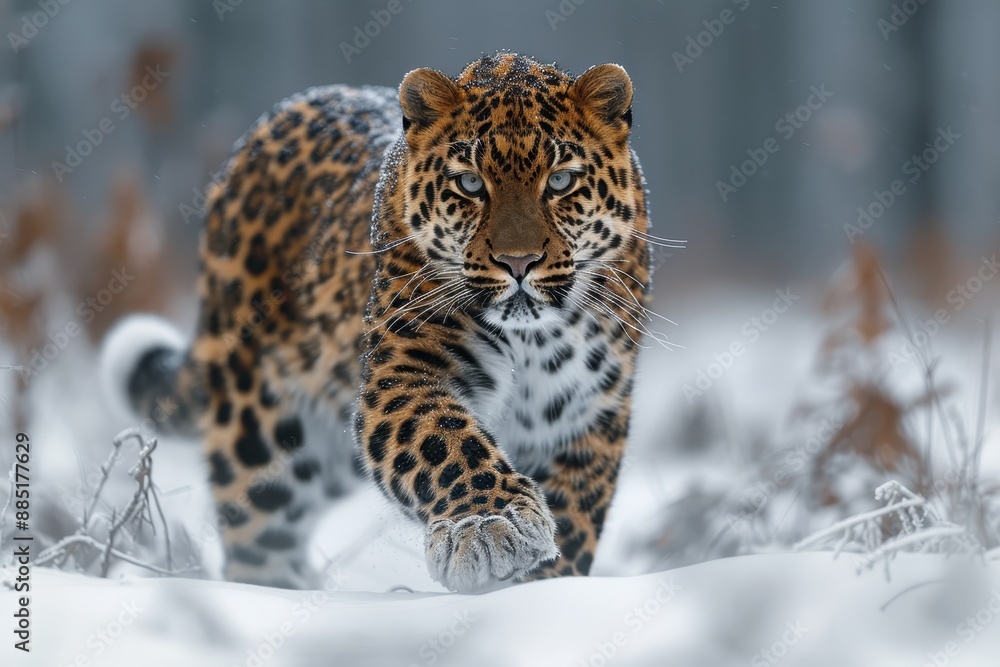 Obraz premium An Amur leopard stealthily moving through a snowy forest, its spotted coat providing perfect camouflage