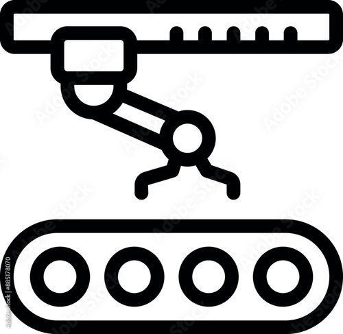 Simple bold outline icon of robotic arm working on production line